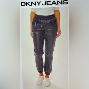 DKNY JEANS Ladies  Faux Leather Elastic Waistband 2 Pocket Jogger Size L Black